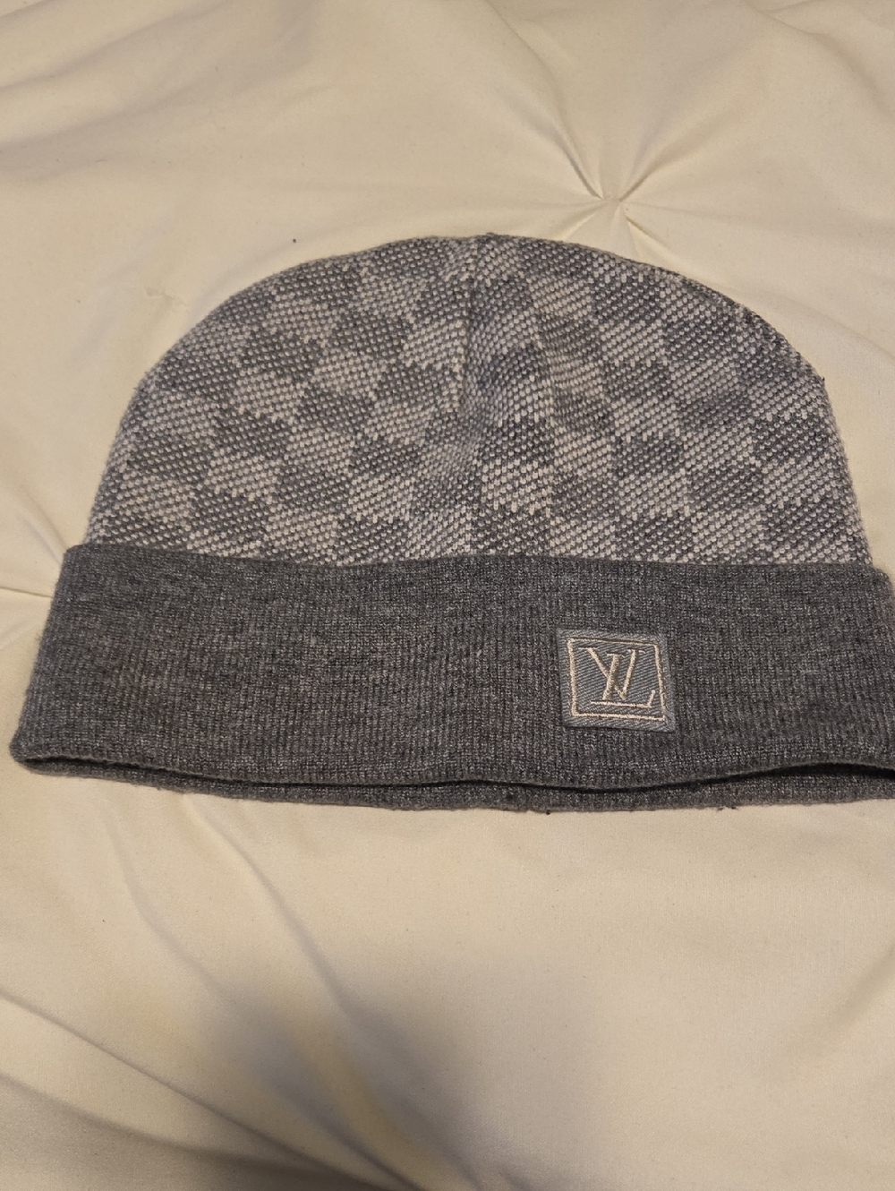 Louis Vuitton Gray Checker Knit Cuff Beanie